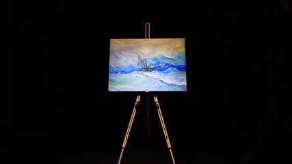 Artist copyist paint seascape with ship in ocean. Craftsman decorator draw as boat sail on blue...