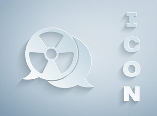 Paper cut Radioactive icon isolated on grey background. Radioactive toxic symbol. Radiation Hazard sign. Paper art style. Vector