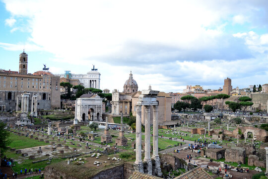 view to the roman forum - temple of Castor and Pollux (Il Tempio dei Dioscuri), Septimius Severus Arch, Curia Julia, saint Luca and Martina church, Senatorial Palace Capitoline Hill - Rome, Italy