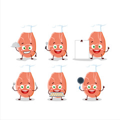 Cartoon character of slice of pork with various chef emoticons