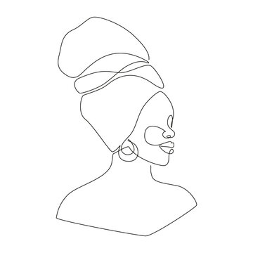 African Woman Face In One Line Drawing. Portrait Of Beautiful Woman In Headwrap. Abstract Modern Vector Illustration For Logo, Print, T-shirt, Emblem, Wall Art. Editable Stroke