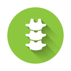 White Human spine icon isolated with long shadow. Green circle button. Vector