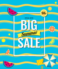 Bright Sale vertical poster, template design with summer fruit and abstract sea.