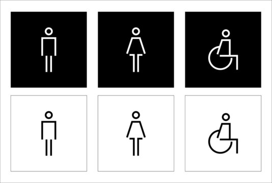 male and female toilet symbols. disabled icon.
gender icon. restroom pictogram. public signage. 