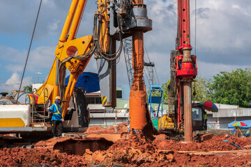Industrial drilling rig machinery on building construction site.Drilling vehicle construction...
