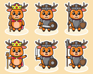 Vector illustration of cute Little Deer King and Knight set. Cute Little Deer expression character design bundle. Good for icon, logo, label, sticker, clipart.