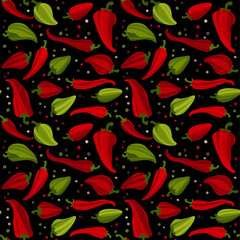 Different peppers pattern, seamless vector repeat. Red and green chili, jalapeno and other types hot peppers.