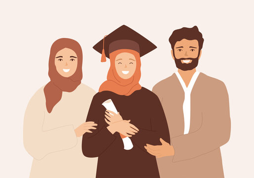 Muslim Graduate Girl In Hijab With Her Parents. Family Portrait, Proud Saudi Man And Woman Embrace Their Daughter, Graduated From College, University And Holding Certificate. Vector Flat Illustration