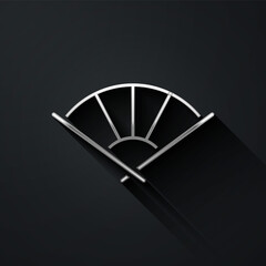 Silver Traditional paper chinese or japanese folding fan icon isolated on black background. Long shadow style. Vector