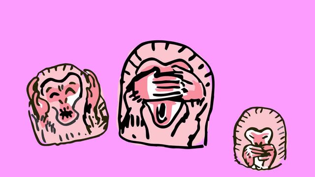 footage  of 3 monkeys, 
ears closed, eyes closed, mouth closed.