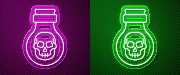 Glowing neon line Poison in bottle icon isolated on purple and green background. Bottle of poison or poisonous chemical toxin. Vector