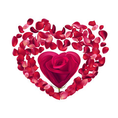 Red heart made of rose petals. Circle with romantic flower. Illustration for romantic and valentine templates