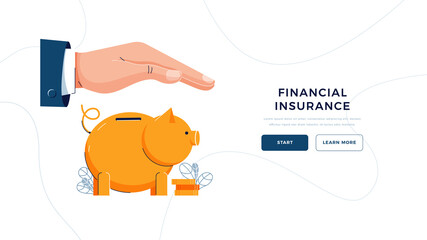 Financial insurance web template. Insurance agent's holding hand over the piggy bank to protect savings. Money protection, financial saving insurance concept for landing page. Flat vector illustration
