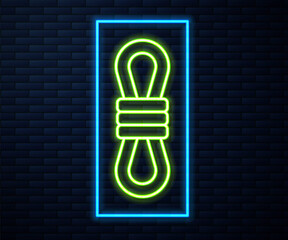 Glowing neon line Climber rope icon isolated on brick wall background. Extreme sport. Sport equipment. Vector