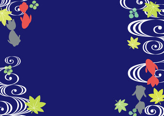 金魚と青紅葉と流水紋のお中元のイメージイラスト　紺背景 文字なし