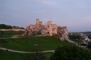 Ruins of medieval castle at morning light. It is Ogrodzieniec castle on Eagles Nests trail in the Jura region, Podzamcze, Krakowsko-Czestochowska Upland, Poland