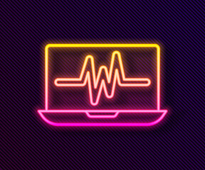 Glowing neon line Laptop with cardiogram icon isolated on black background. Monitoring icon. ECG monitor with heart beat hand drawn. Vector