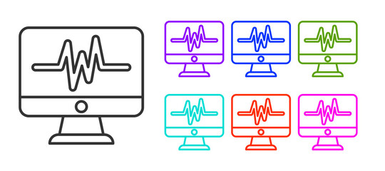 Black line Computer monitor with cardiogram icon isolated on white background. Monitoring icon. ECG monitor with heart beat hand drawn. Set icons colorful. Vector