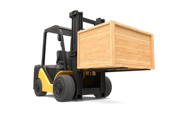 The forklift truck is lifting a wooden crate on white background, delivery service concept © Es sarawuth