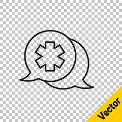 Black line Dialogue with the doctor icon isolated on transparent background. Doctor and patient dialog. Consulting about medical health services. Vector