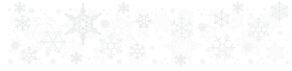Light gray on white horizontal seamless banner snowflakes of different shapes, sizes and transparency. 