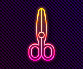 Glowing neon line Scissors icon isolated on black background. Tailor symbol. Cutting tool sign. Vector