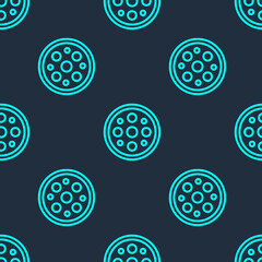 Green line Sewing button for clothes icon isolated seamless pattern on blue background. Clothing button. Vector