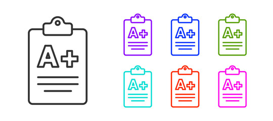 Black line Exam sheet with A plus grade icon isolated on white background. Test paper, exam, or survey concept. School test or exam. Set icons colorful. Vector