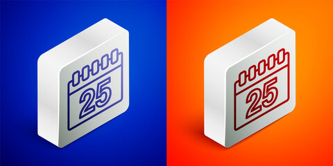 Isometric line Calendar icon isolated on blue and orange background. Event reminder symbol. Silver square button. Vector