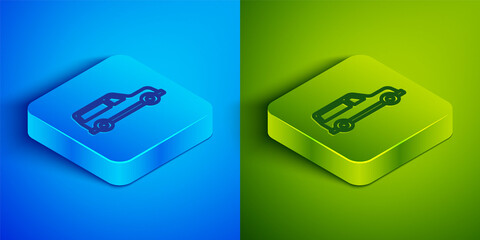 Isometric line Hearse car icon isolated on blue and green background. Square button. Vector