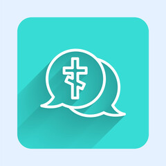 Obraz premium White line Grave with cross icon isolated with long shadow. Green square button. Vector