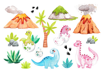 Cute watercolor set with dwinosaurs and volcanoes. Land of the dinosaurs. This illustration is suitable for decorating the walls in the children's room, as well as for postcards and stickers. © Нина Михайлюта