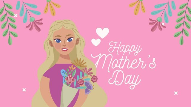 happy mothers day lettering with mom lifting flowers bouquet