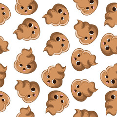 Obraz premium Seamless pattern with kawaii poop on white background. Cartoon poo, feces icons. Shit patterns, evil turd. Vector illustration for invitation, poster, card, fabric, textile. Doodle style