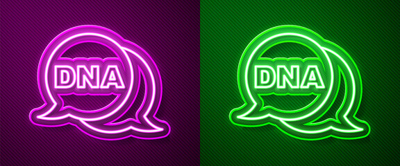 Glowing neon line DNA symbol icon isolated on purple and green background. Vector