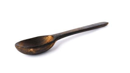 wooden spoon isolated on white. dark brown rustic spoon