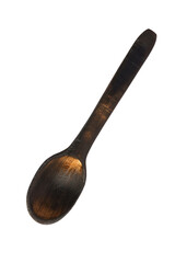 wooden spoon isolated on white. dark brown rustic spoon