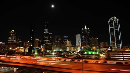 Dallas Skyline Moon Rising Time Lapse