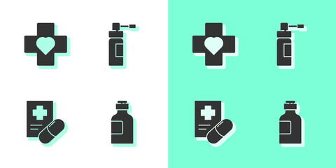 Set Bottle of medicine syrup, Heart with a cross, Medical prescription and nozzle spray icon. Vector