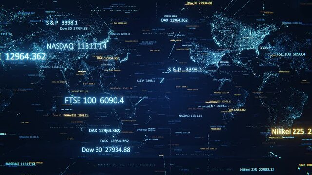 Camera movement through 3D space with a world map and stock indexes. Digital animation of stock market price changes. Animation loop 4k