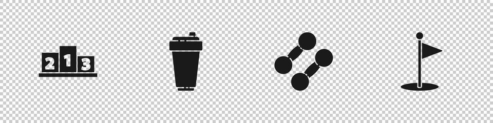Set Award over sports winner podium, Fitness shaker, Dumbbell and Golf flag icon. Vector