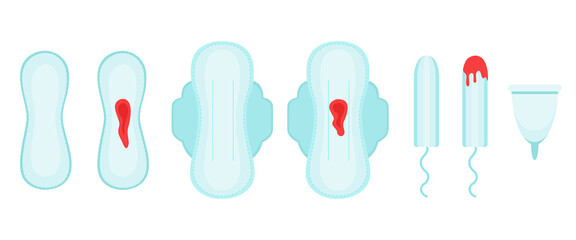 Periods. Menstruation. Modern flat vector cartoon set with tampons, pads and menstrual cup. Women's hygiene © Bulgakova Kristina