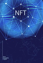 NFT non-fungible token concept on polygonal abstract background. Plexus connect lines with polygonal shapes on dark blue backdrop and white non fungible token sign. Vector card illustration.