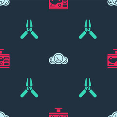 Set Diagnostics condition of car, Speedometer and Car battery jumper power cable on seamless pattern. Vector