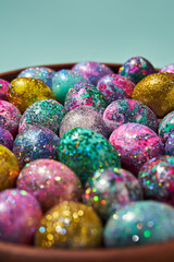 Fototapeta na wymiar Many colorful shiny eggs. Concept of Happy Easter.