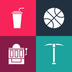 Set pop art Pickaxe, Slot machine, Basketball ball and Paper glass with straw icon. Vector