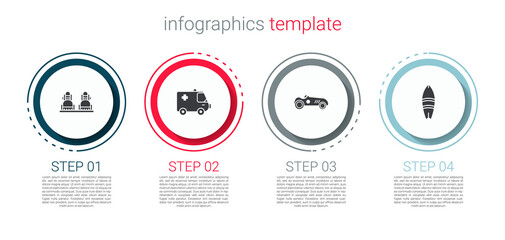 Set Snowboard, Ambulance and emergency car, Vintage sport racing and Surfboard. Business infographic template. Vector