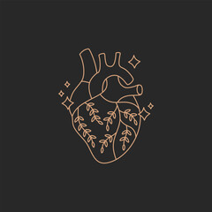 Real anatomical heart with flowers, gold simple contour line in boho style on black background, modern trendy hand drawn vector magic symbol and mystic design element, doodle flat shape illustration © Alice