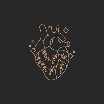 Real anatomical heart with flowers, gold simple contour line in boho style on black background, modern trendy hand drawn vector magic symbol and mystic design element, doodle flat shape illustration