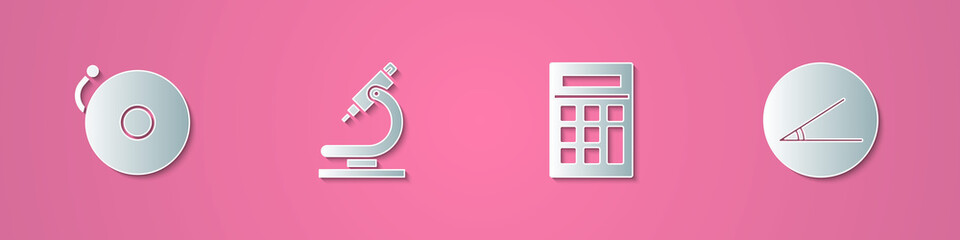 Set paper cut Ringing alarm bell, Microscope, Calculator and Acute angle icon. Paper art style. Vector